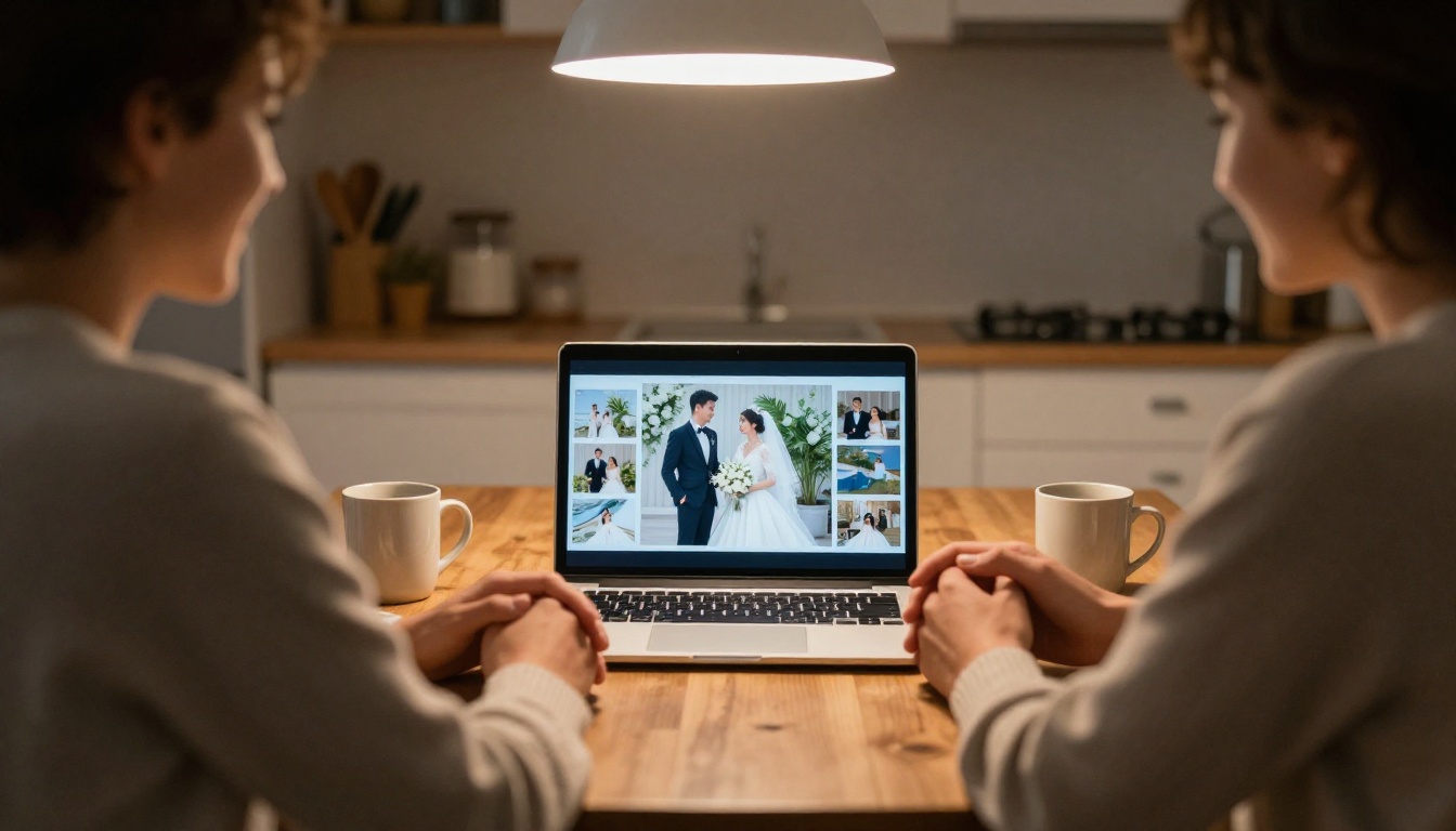Couple at a kitchen table viewing their digital wedding flipbook on a laptop