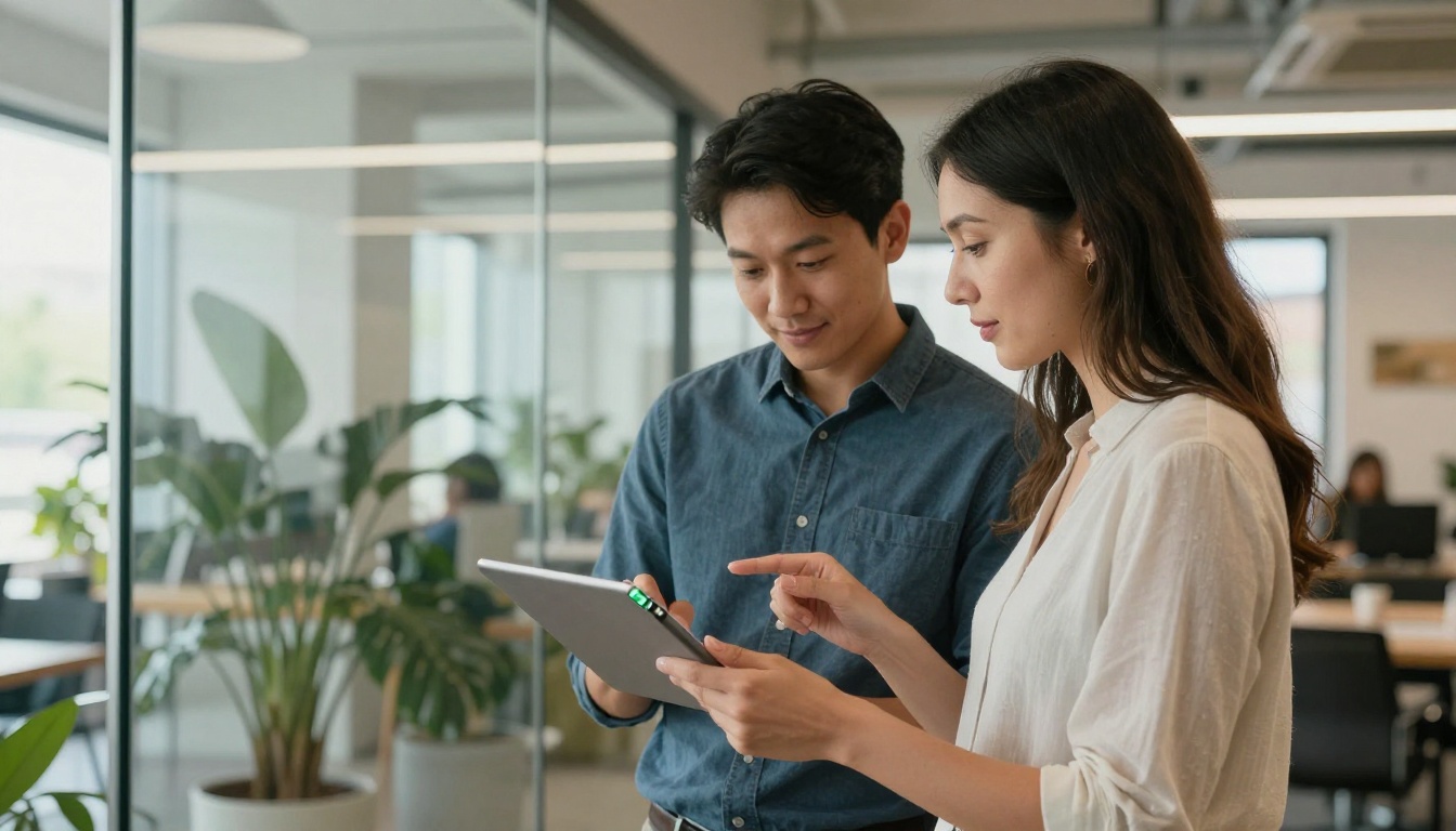 Two entrepreneurs reviewing a digital flipbook brochure on a tablet in a bright co-working space
