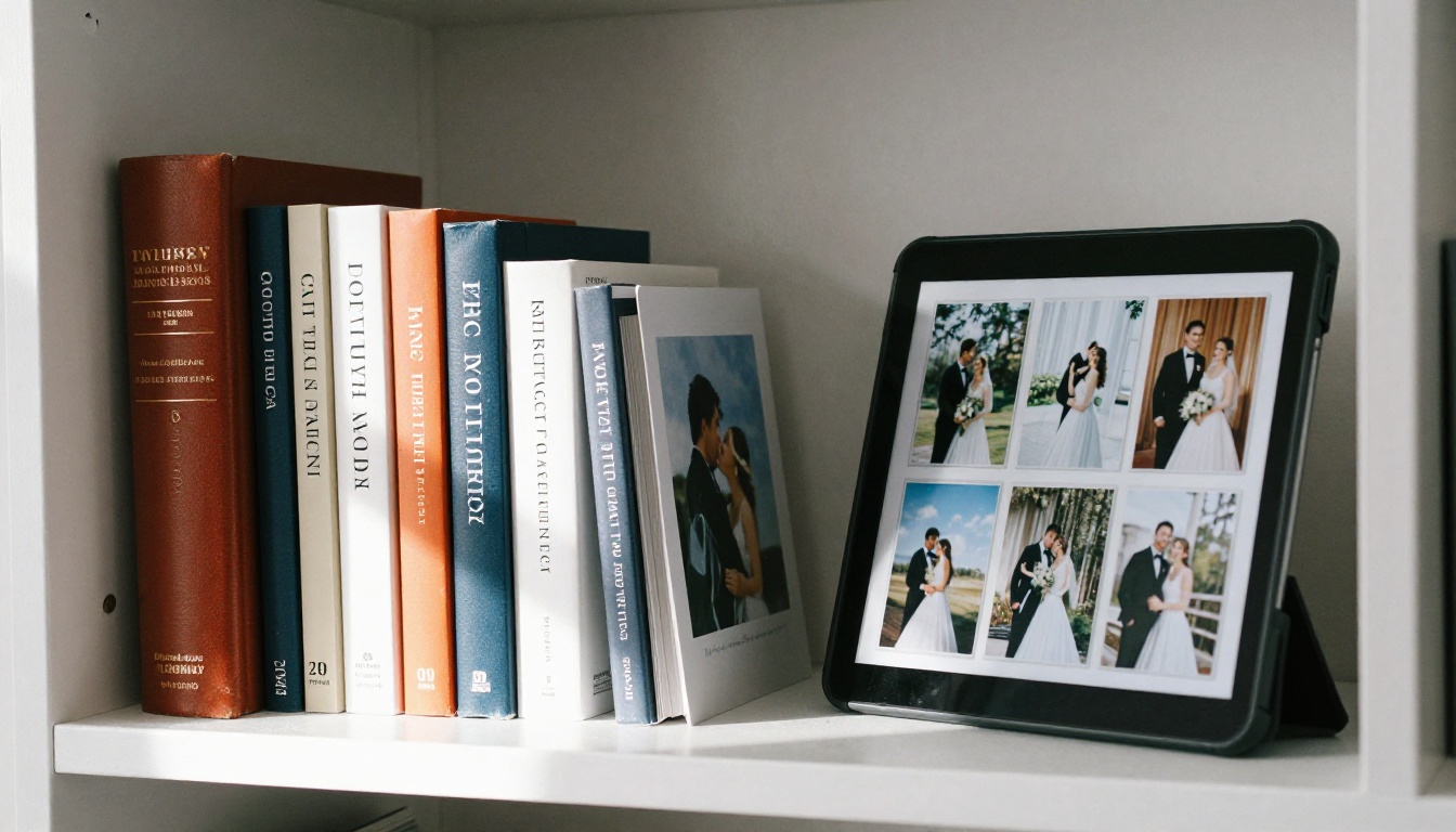 Printed wedding album stored on a home bookshelf next to a tablet