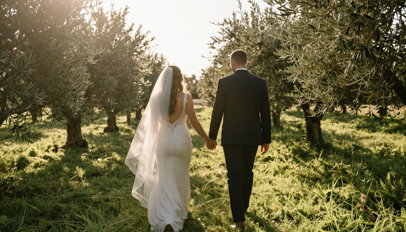 Bride and groom walking through an olive grove at golden hour