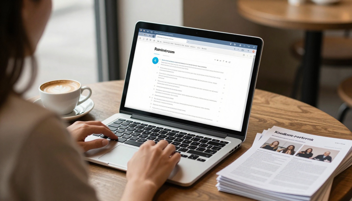 A woman at a laptop uploading a PDF with printed brochures beside her