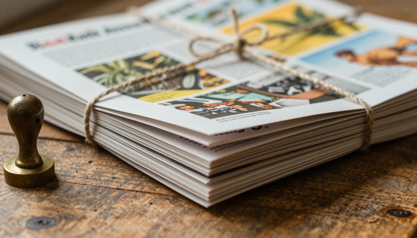 A stack of printed newsletters tied with twine on a rustic wooden table