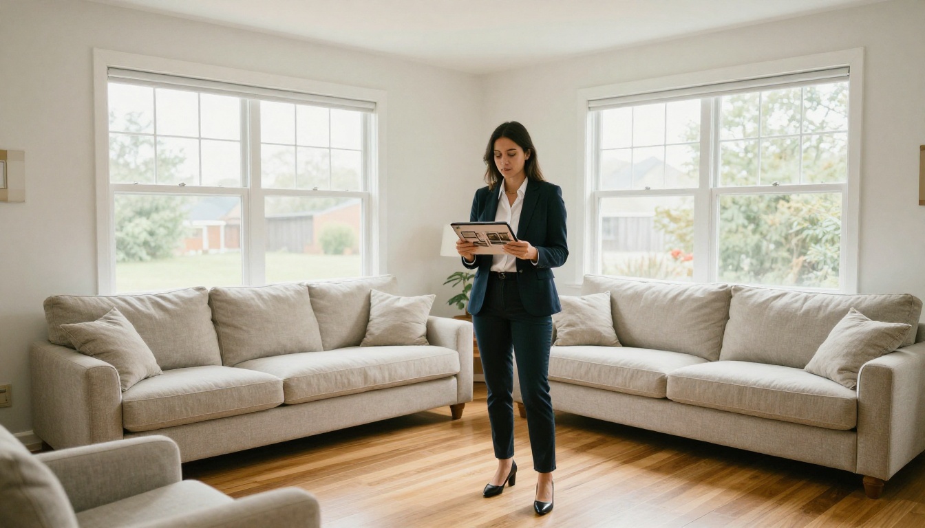 A real estate agent holding a tablet showing a property brochure in a bright living room