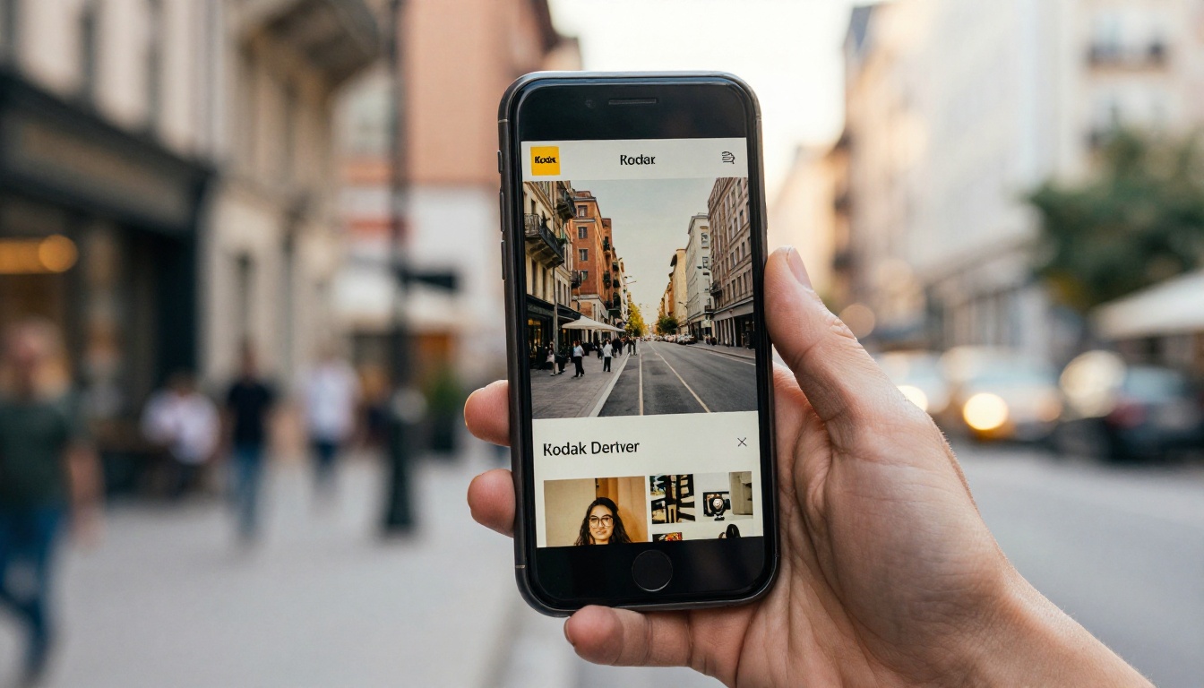 A hand holding a smartphone showing a digital magazine page outside a cafe