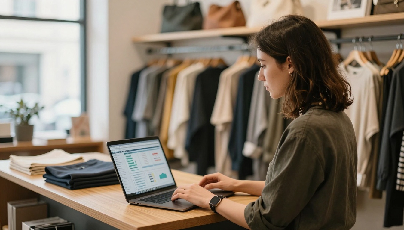 A boutique owner at her shop counter reviewing analytics on a laptop