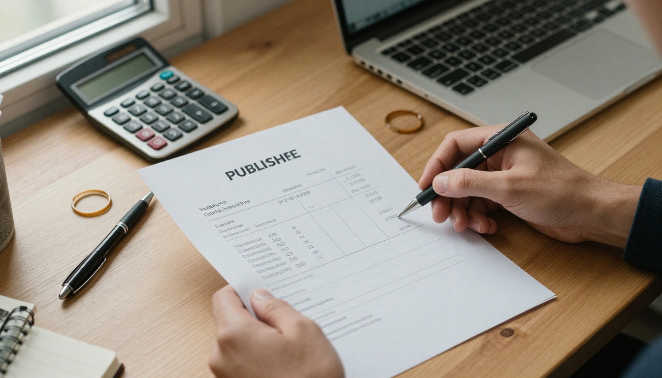A publisher holding a monthly invoice next to a calculator and laptop
