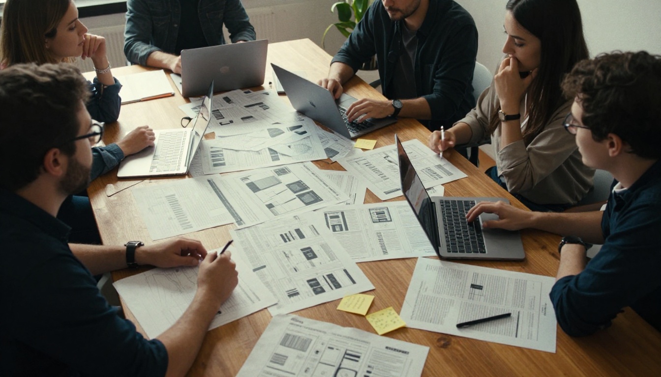 An editorial team reviewing printed layouts around a meeting table