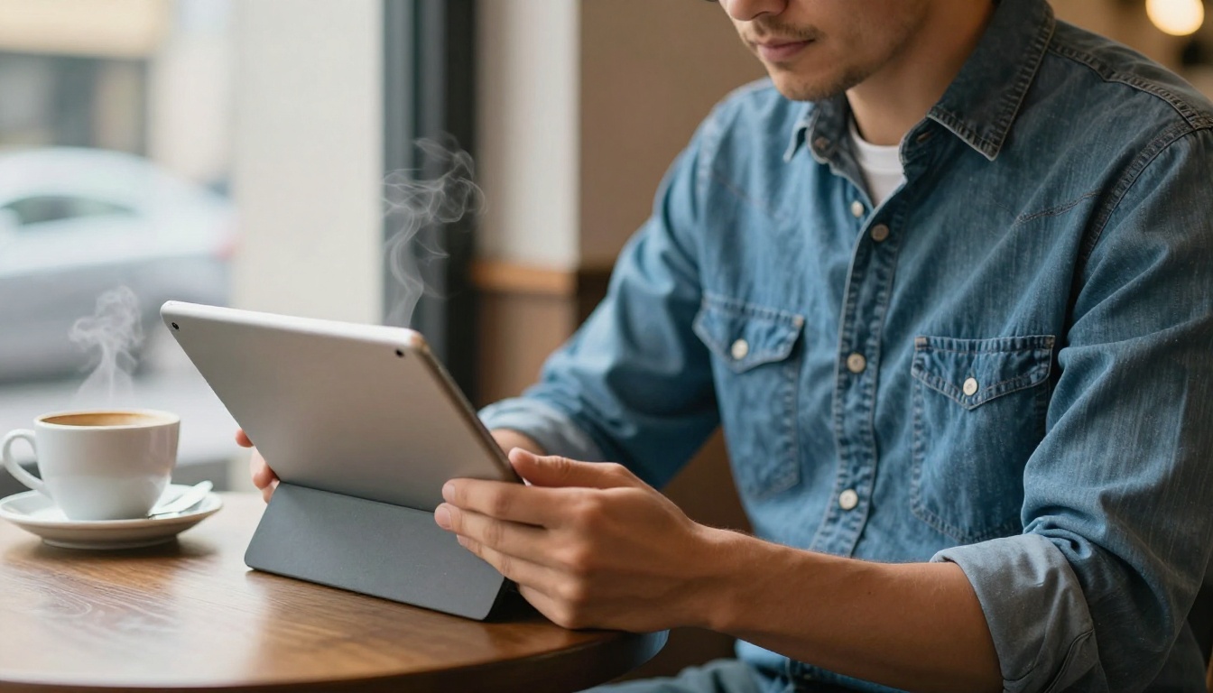 A reader enjoying a digital magazine on a tablet in a cafe