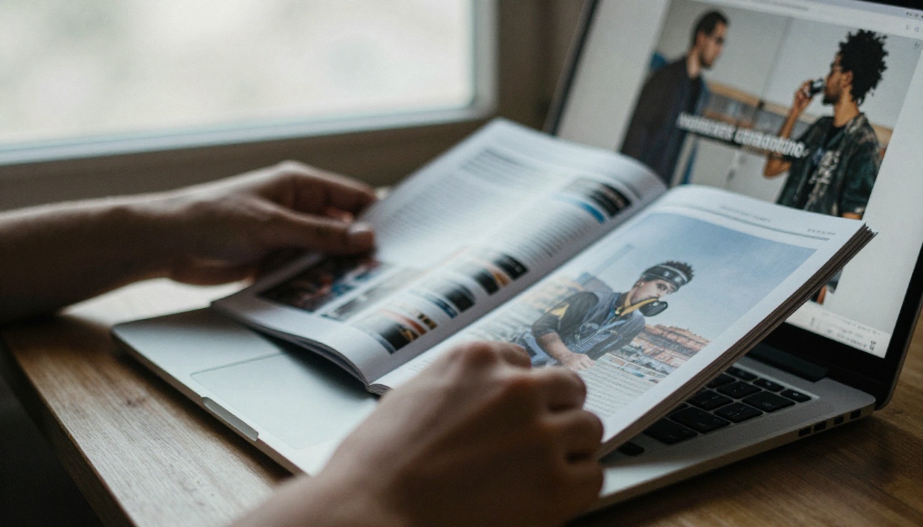 A designer exporting a magazine PDF on a laptop