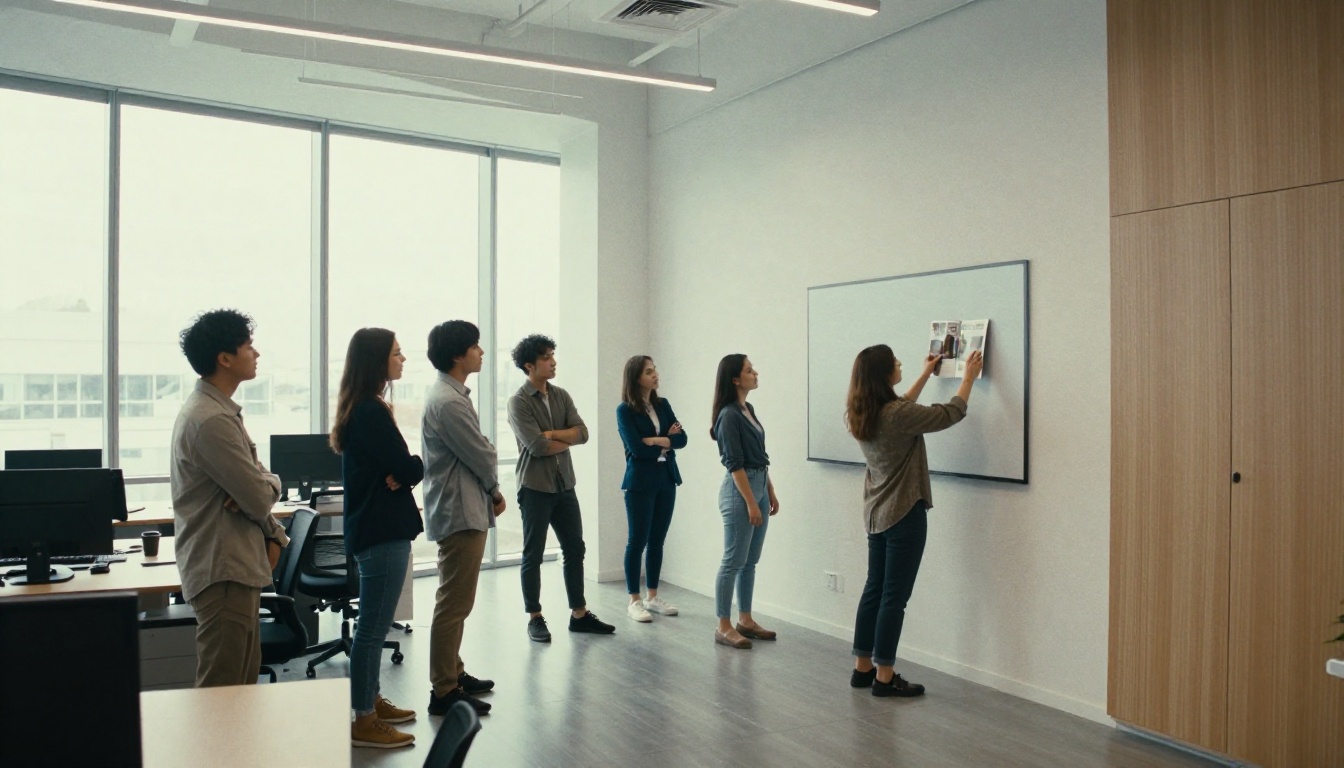 A woman presenting a digital magazine on a large wall screen