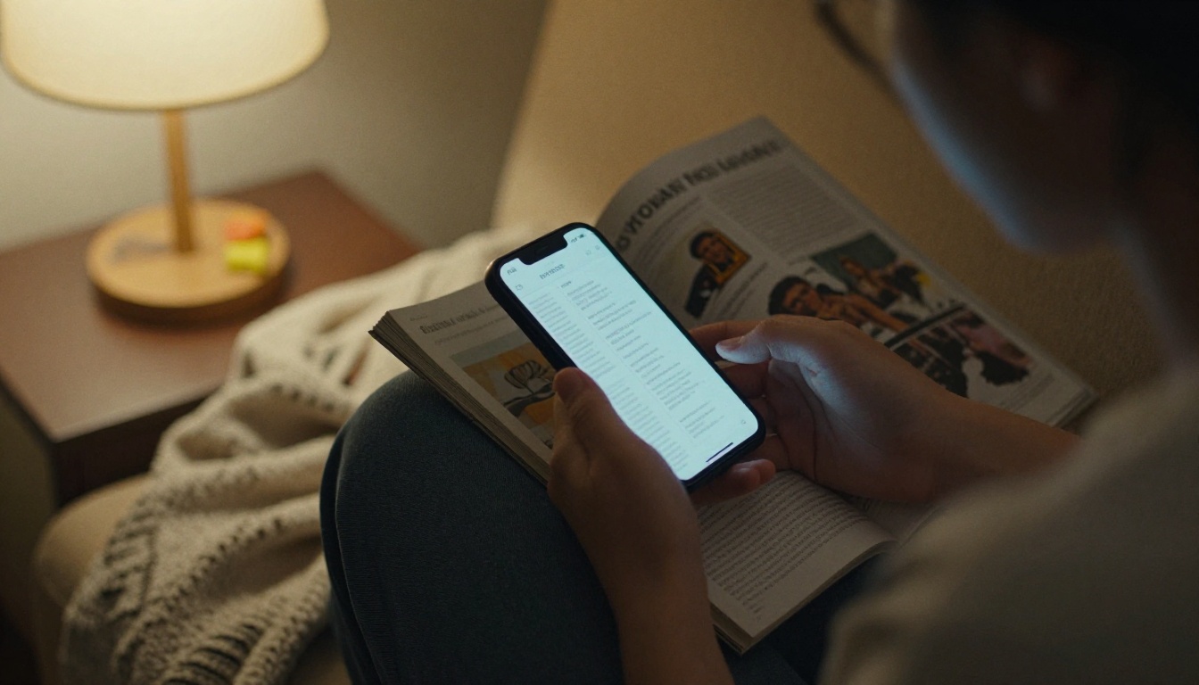 A person browsing a magazine on a smartphone on a sofa