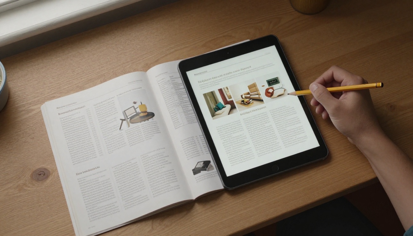 Overhead view of printed catalogs next to a tablet showing a digital catalog Overhead view of printed catalogs next to a tablet showing a digital catalog