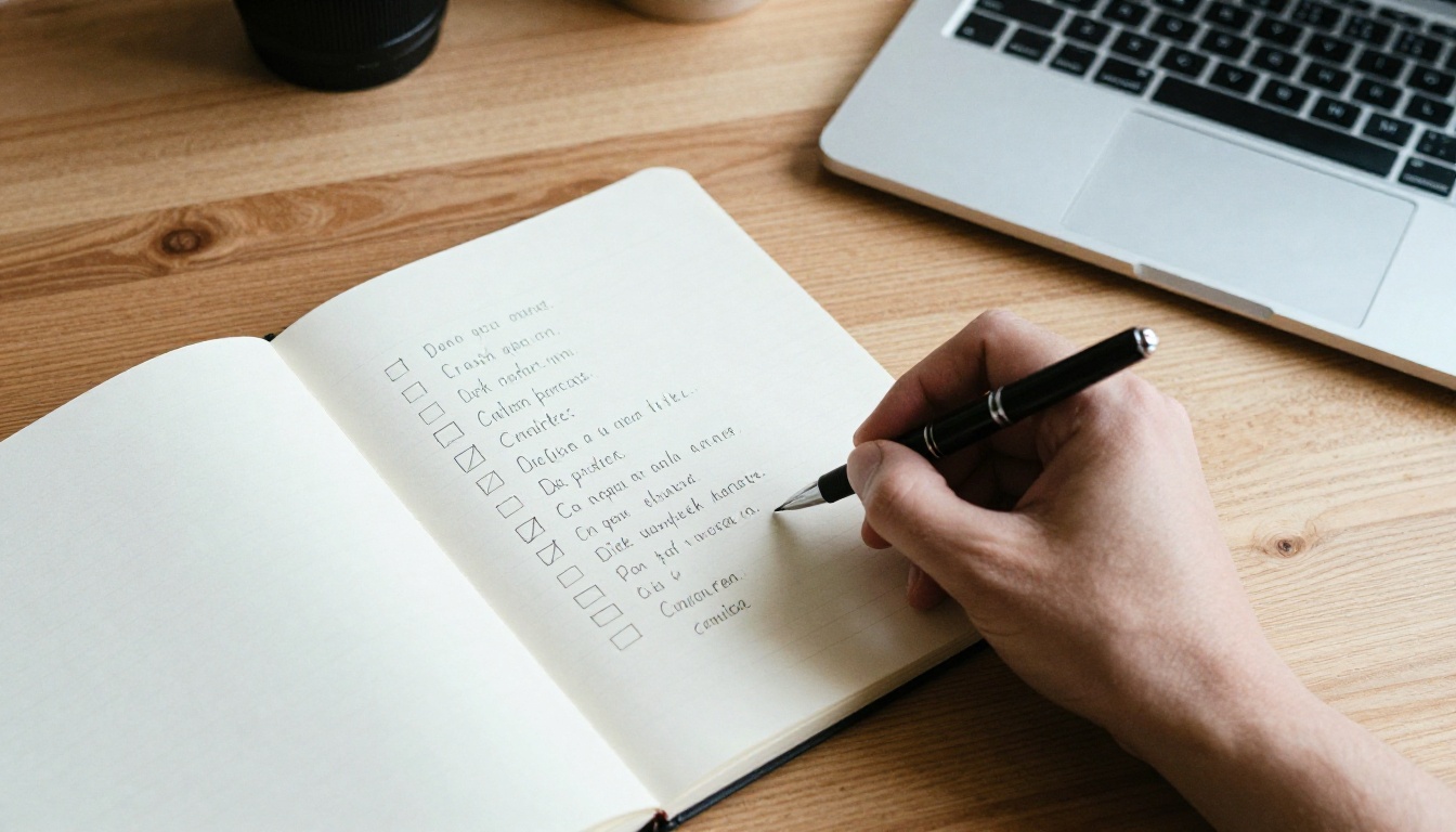 A hand-drawn checklist beside a laptop on an oak desk