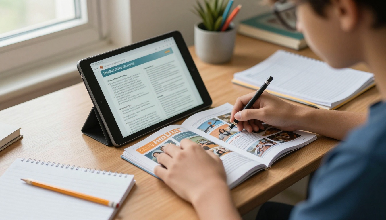 Teenager reading a digital school magazine on a tablet at a classroom desk