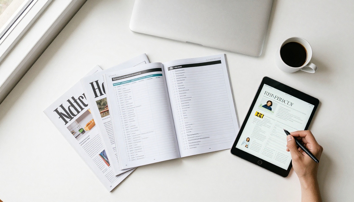 Desk with printed magazines and a tablet beside a checklist