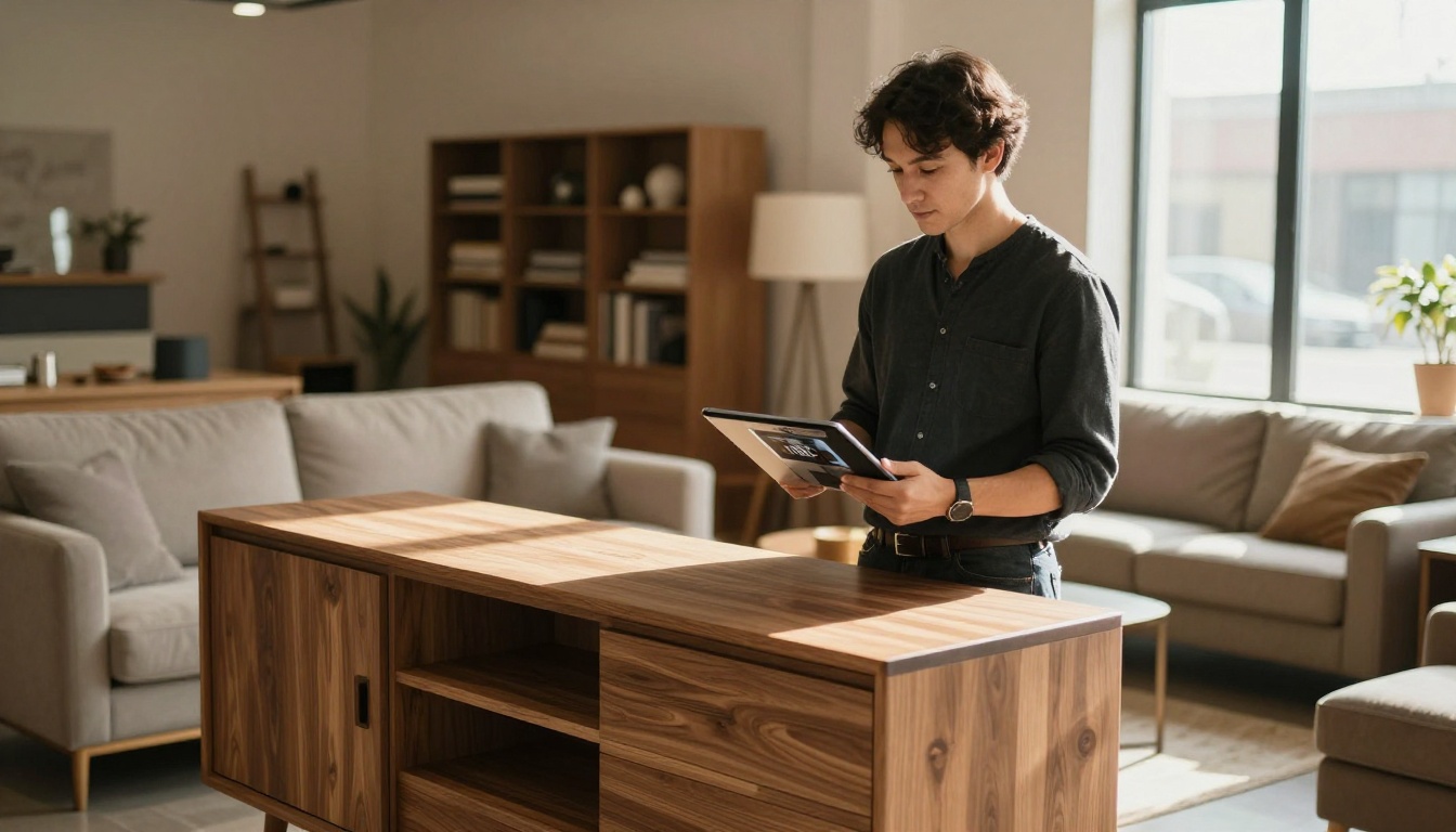 Furniture showroom manager holding a tablet with a digital catalog beside a walnut sideboard Furniture showroom manager holding a tablet with a digital catalog beside a walnut sideboard