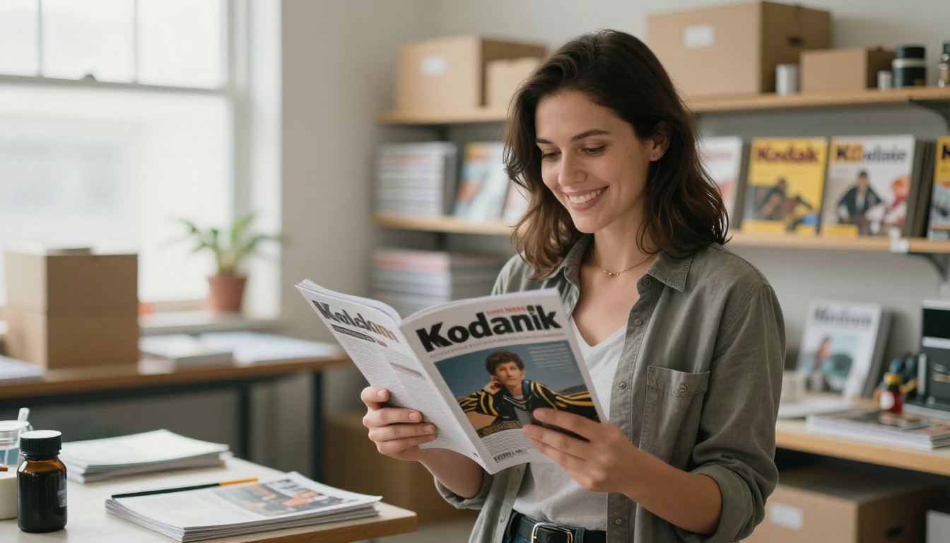 A smiling publisher holding a freshly printed magazine issue