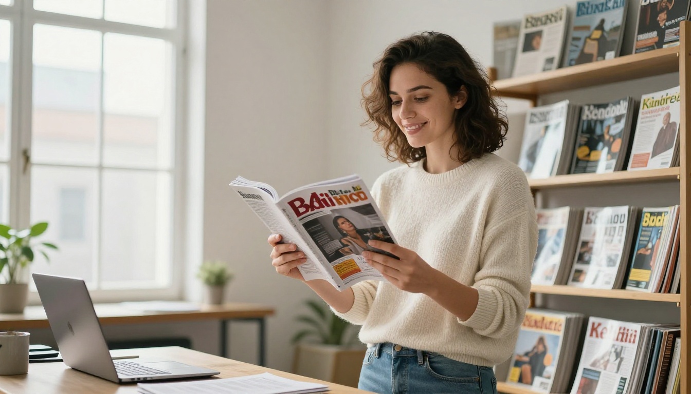 Independent magazine editor holding a printed issue in a loft studio