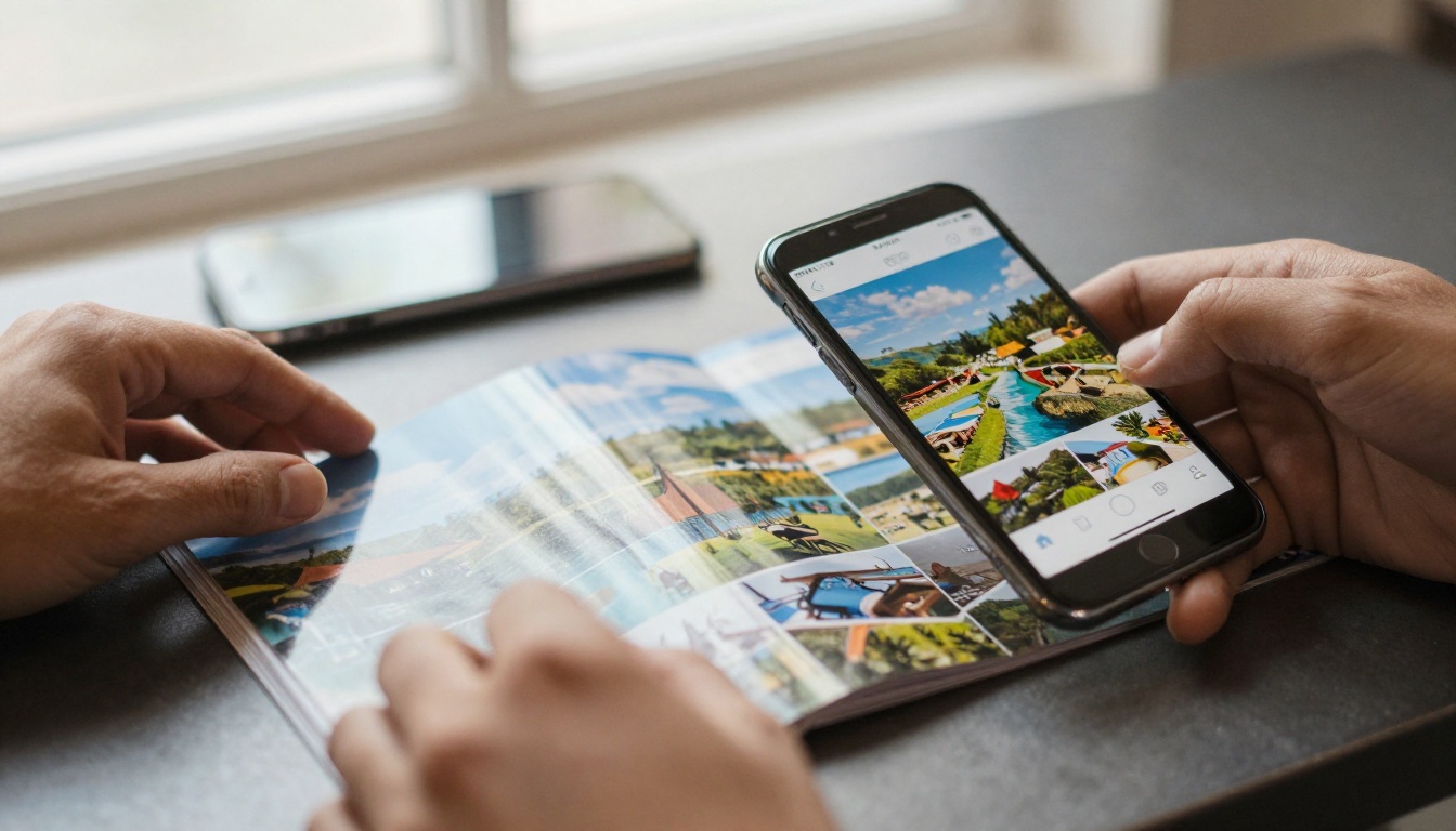 Hands turning a glossy printed brochure beside a phone showing the same brochure as a flipbook Hands turning a glossy printed brochure beside a phone showing the same brochure as a flipbook