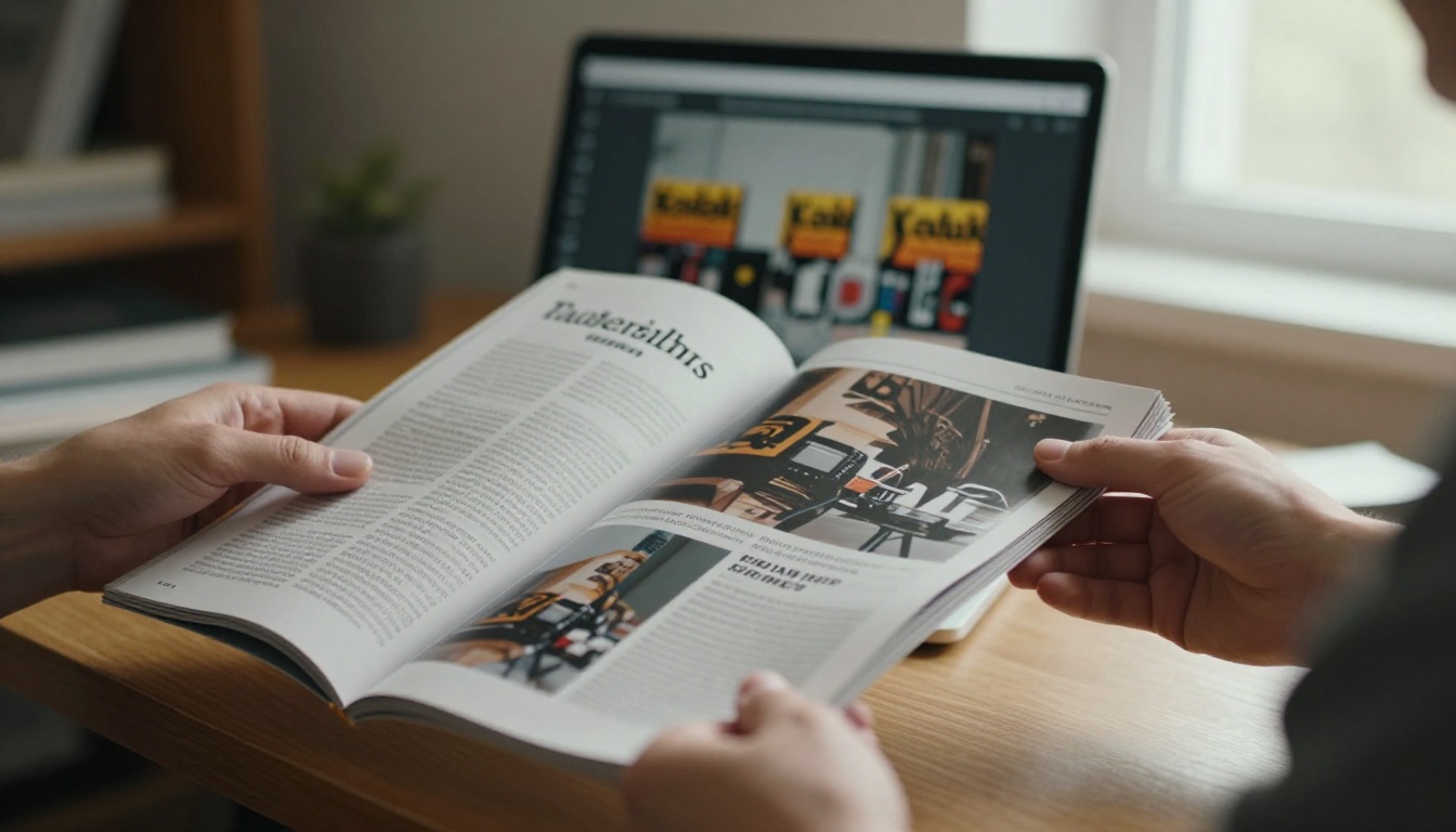 Publisher holding a printed magazine next to a laptop showing the digital edition