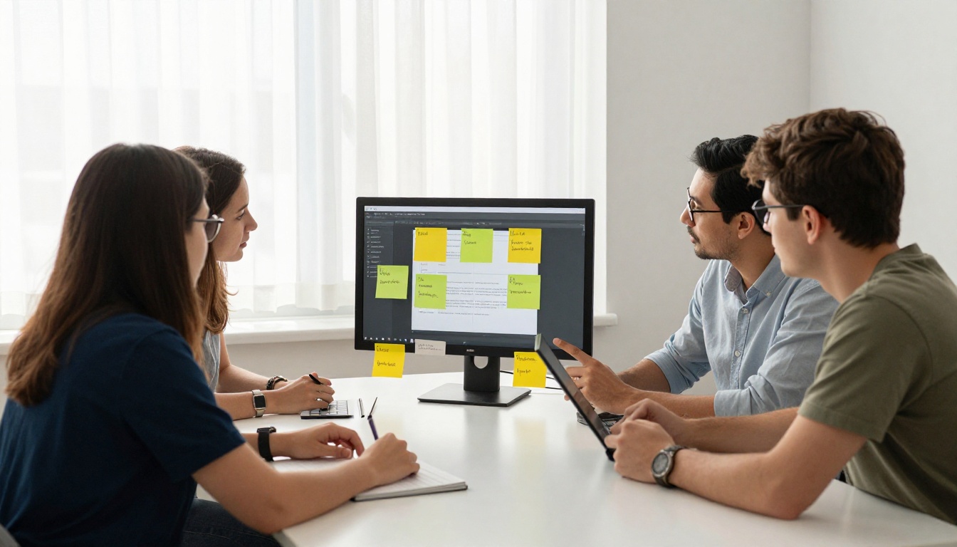Small marketing team comparing software features around a table Small marketing team comparing software features around a table