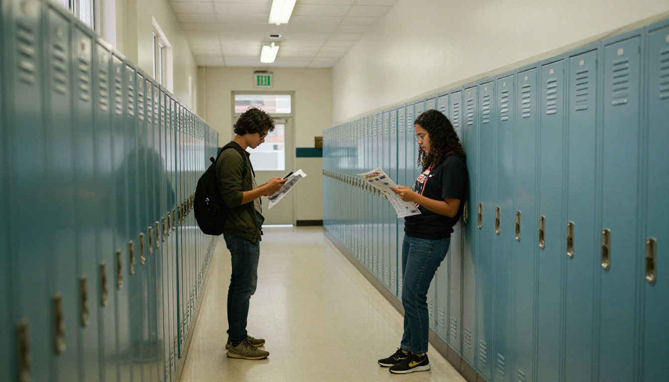 Parent reading a school newsletter on a smartphone in a school hallway