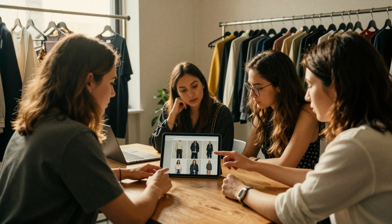 Boutique fashion team reviewing a digital lookbook on a tablet