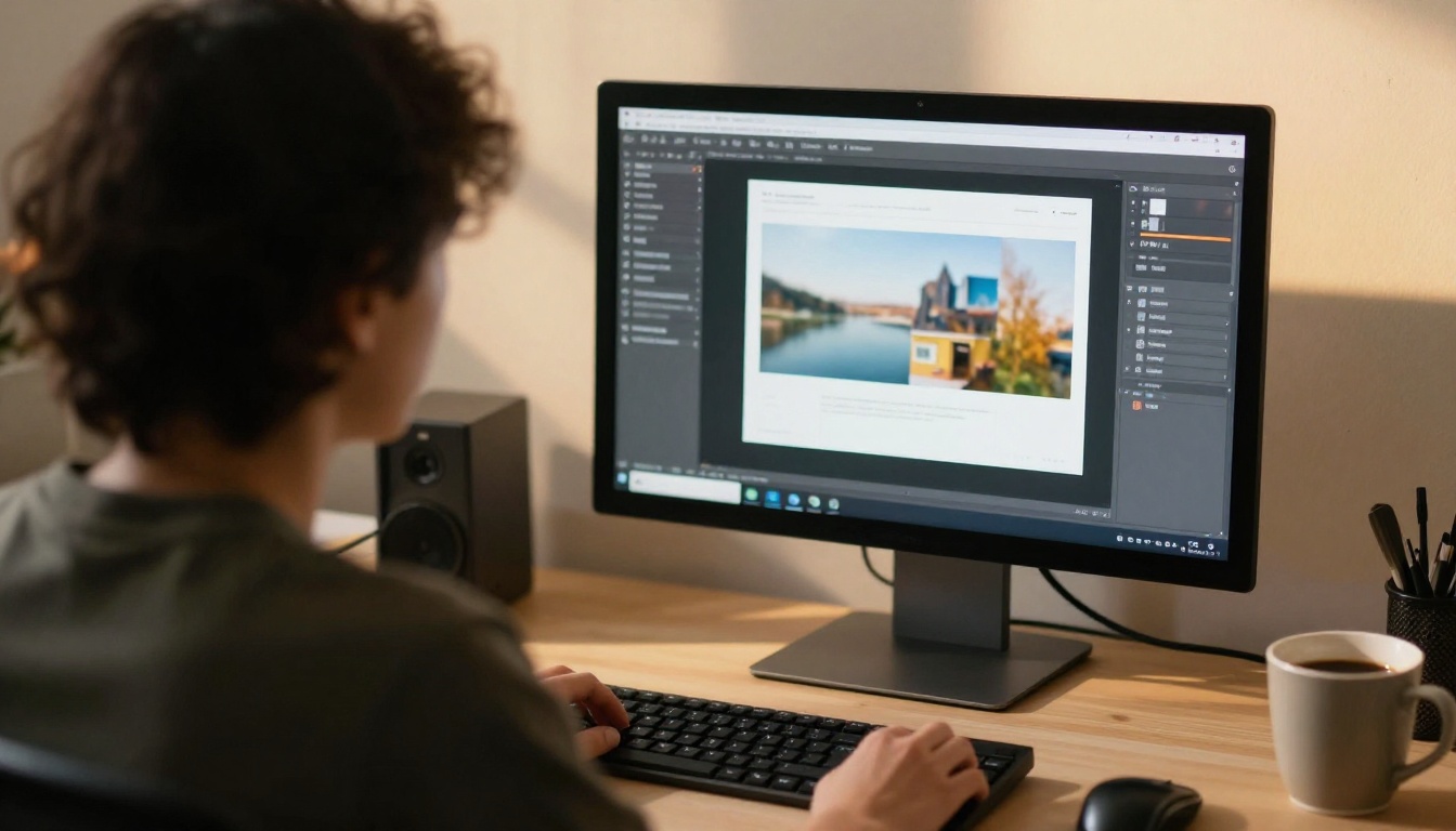 Designer uploading a PDF on a large monitor in a quiet studio Designer uploading a PDF on a large monitor in a quiet studio
