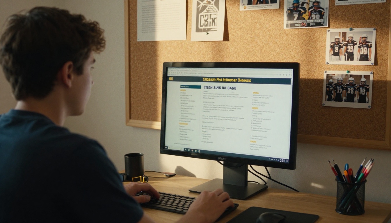 Youth football club volunteer designing a season program on a desktop monitor
