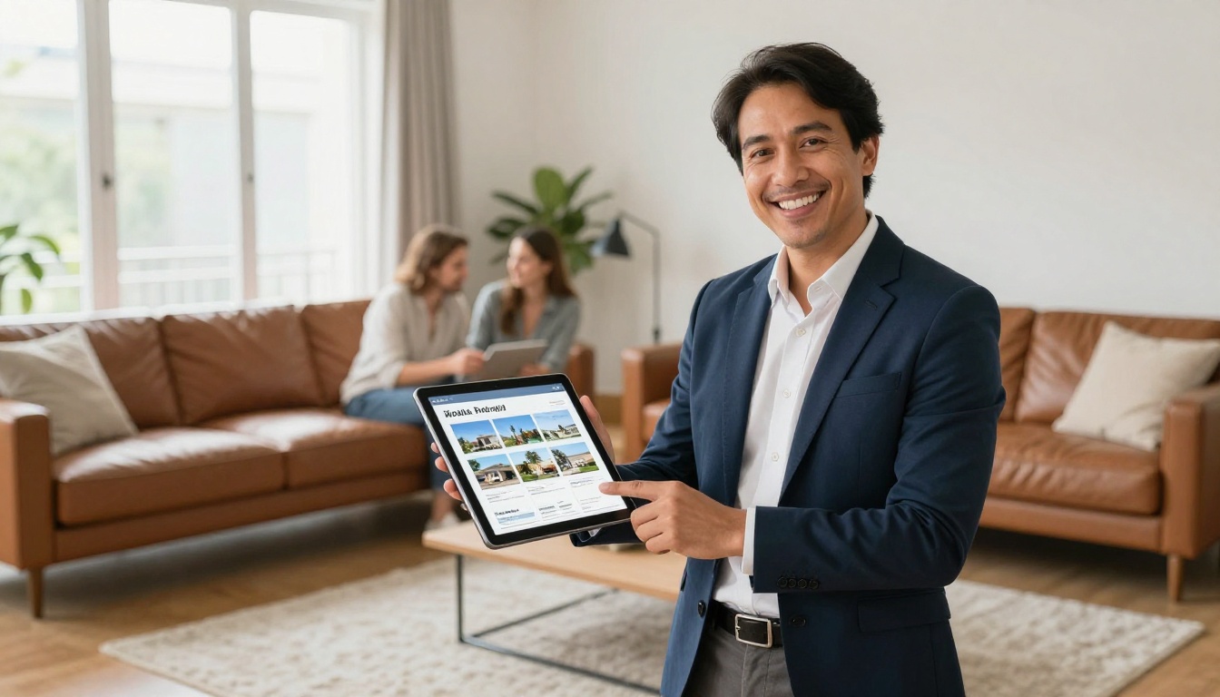 Real estate agent showing a digital property brochure on a tablet to a couple Real estate agent showing a digital property brochure on a tablet to a couple