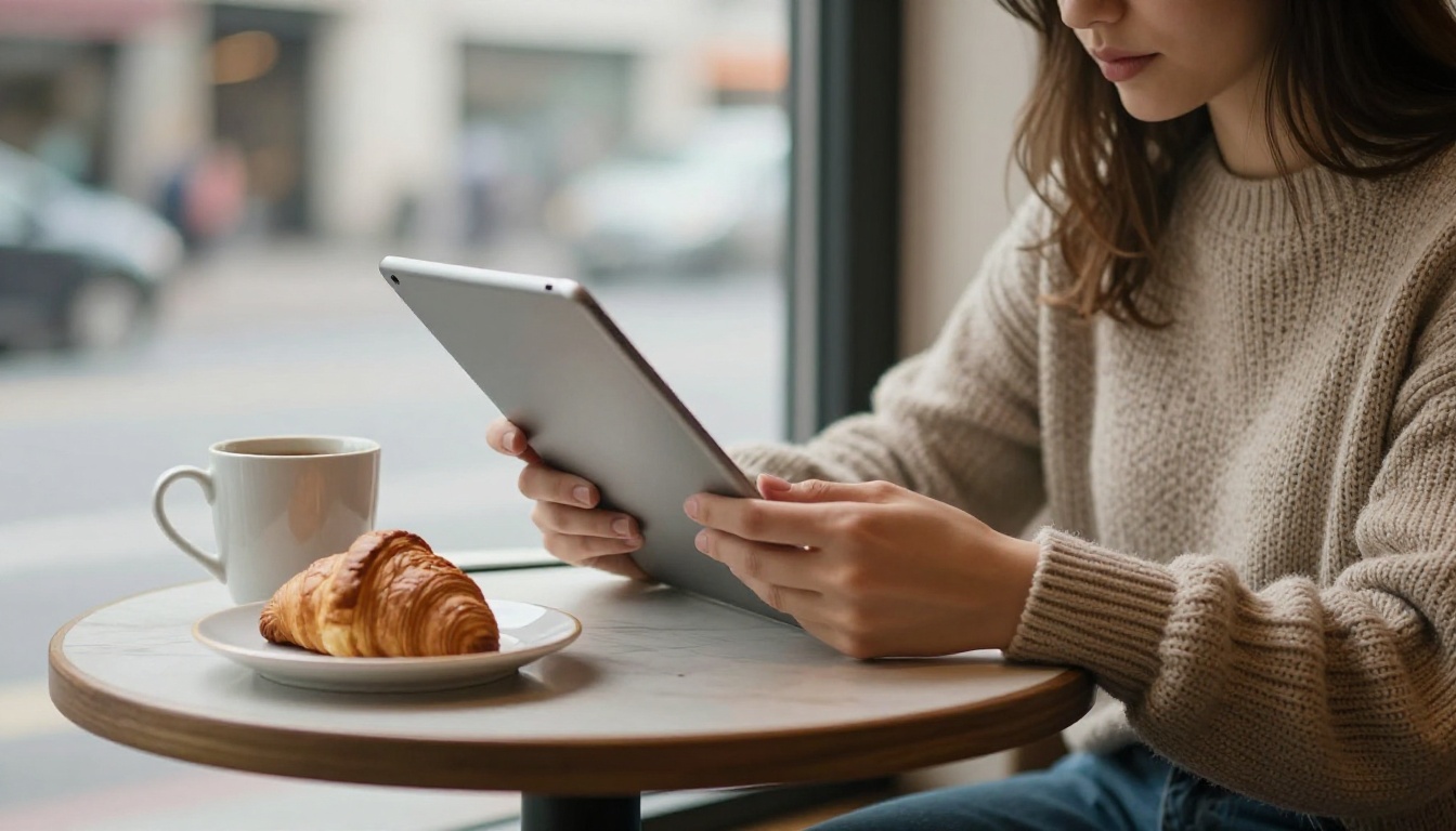 Woman reading a digital magazine on a tablet in a cafe