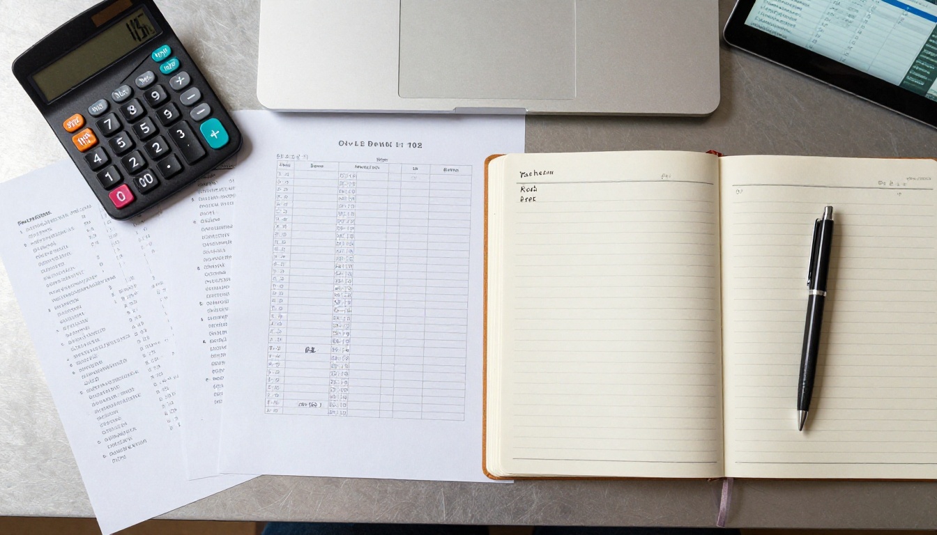 Flat lay of a calculator, notebook and pricing sheets on a desk Flat lay of a calculator, notebook and pricing sheets on a desk