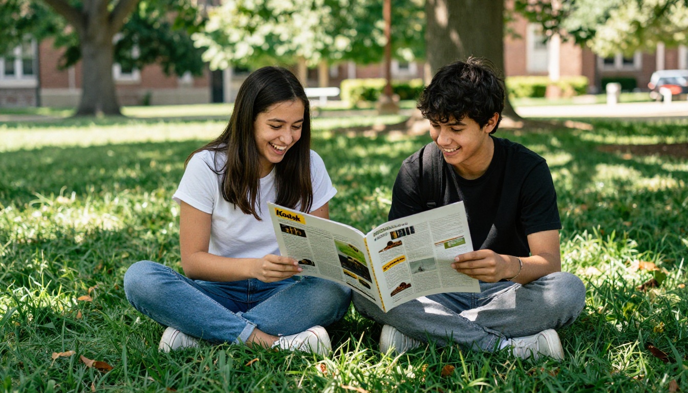 Two students laughing while flipping through a printed yearbook on a campus lawn