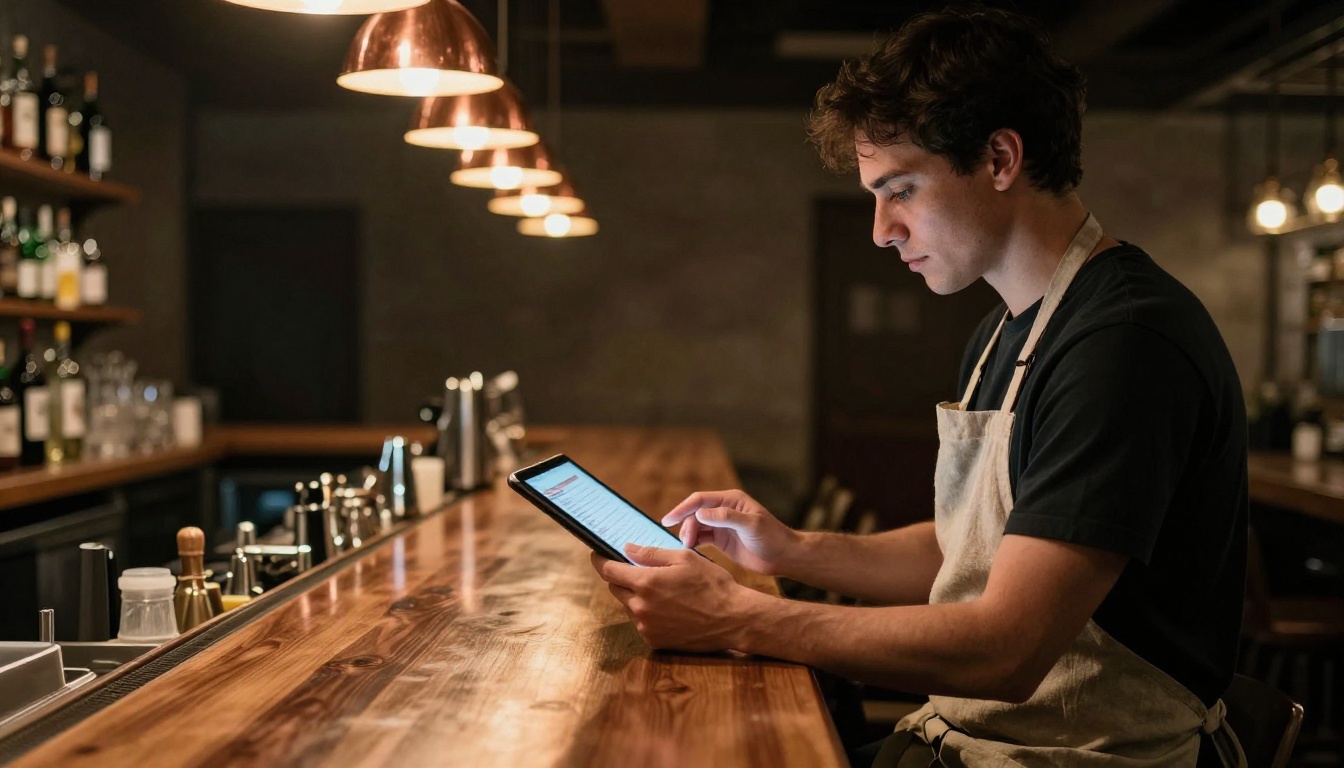 Restaurant owner reading a menu brochure on a tablet at a bar counter Restaurant owner reading a menu brochure on a tablet at a bar counter