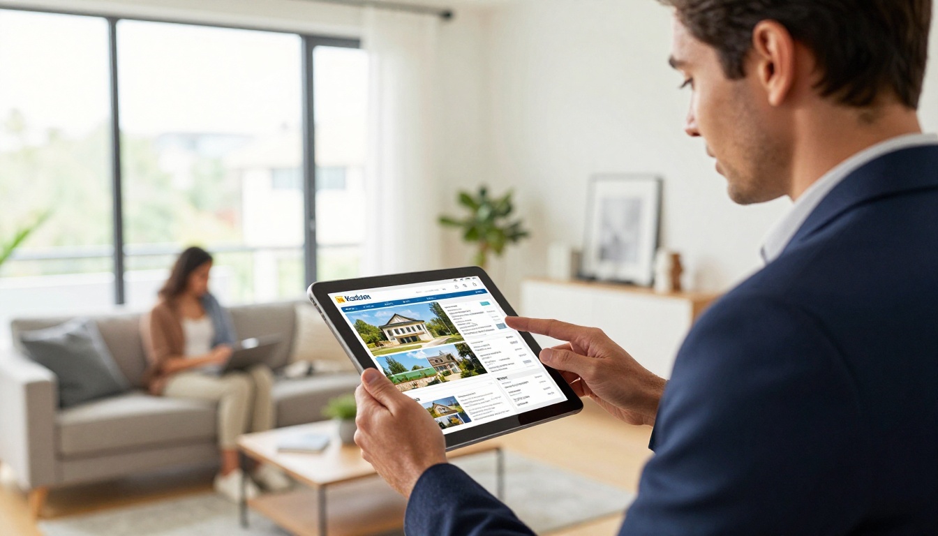 A real estate agent showing a digital brochure to a couple