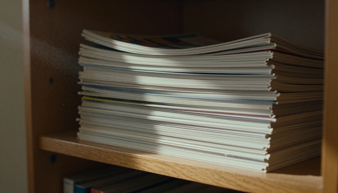 Magazines stacked on a library shelf with sunlight