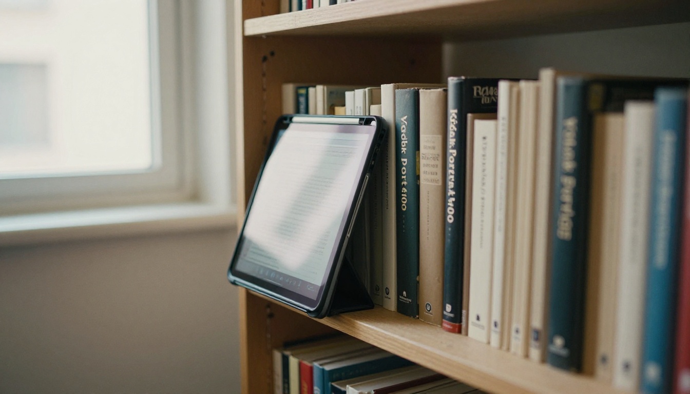 Low-angle view of stacked booklets with a tablet showing a digital page in a small press office
