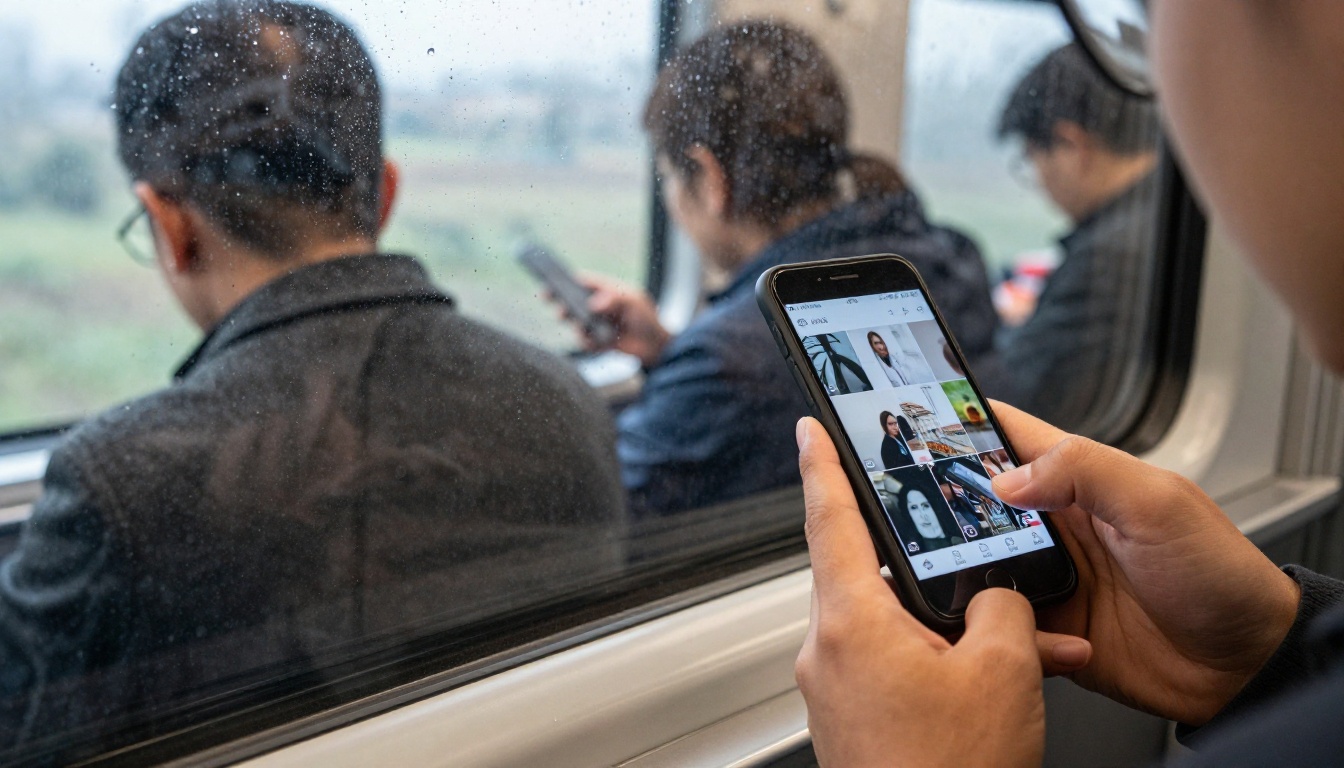 Sales representative on a train viewing a digital catalog on a phone Sales representative on a train viewing a digital catalog on a phone