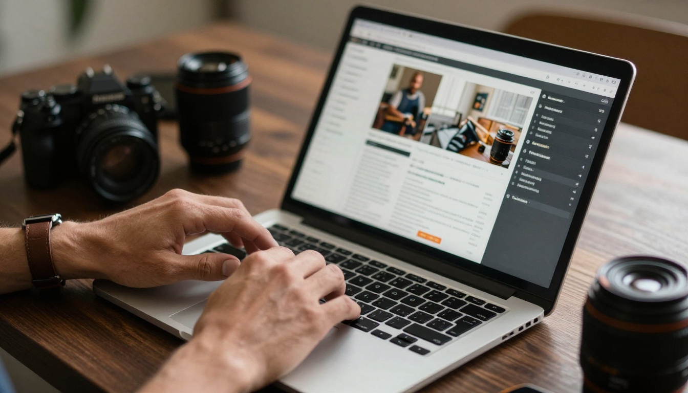 A photographer scrolling through a portfolio on a laptop
