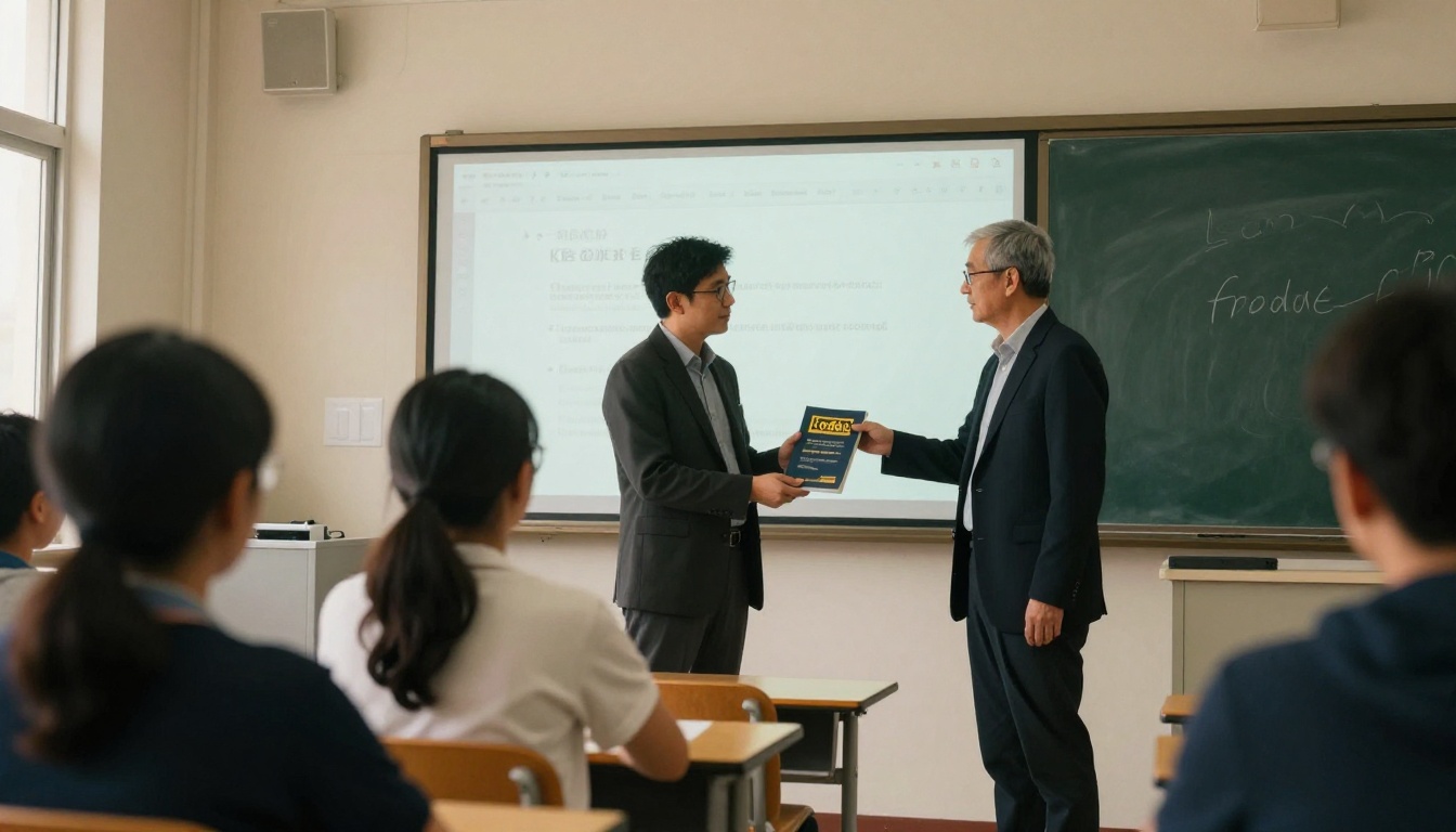 Principal presenting a digital handbook on a classroom projector to seated parents