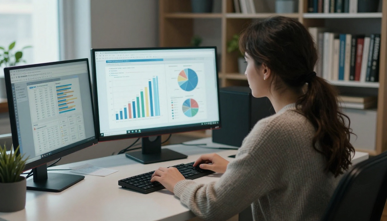 A marketing manager reviewing reader statistics on a monitor