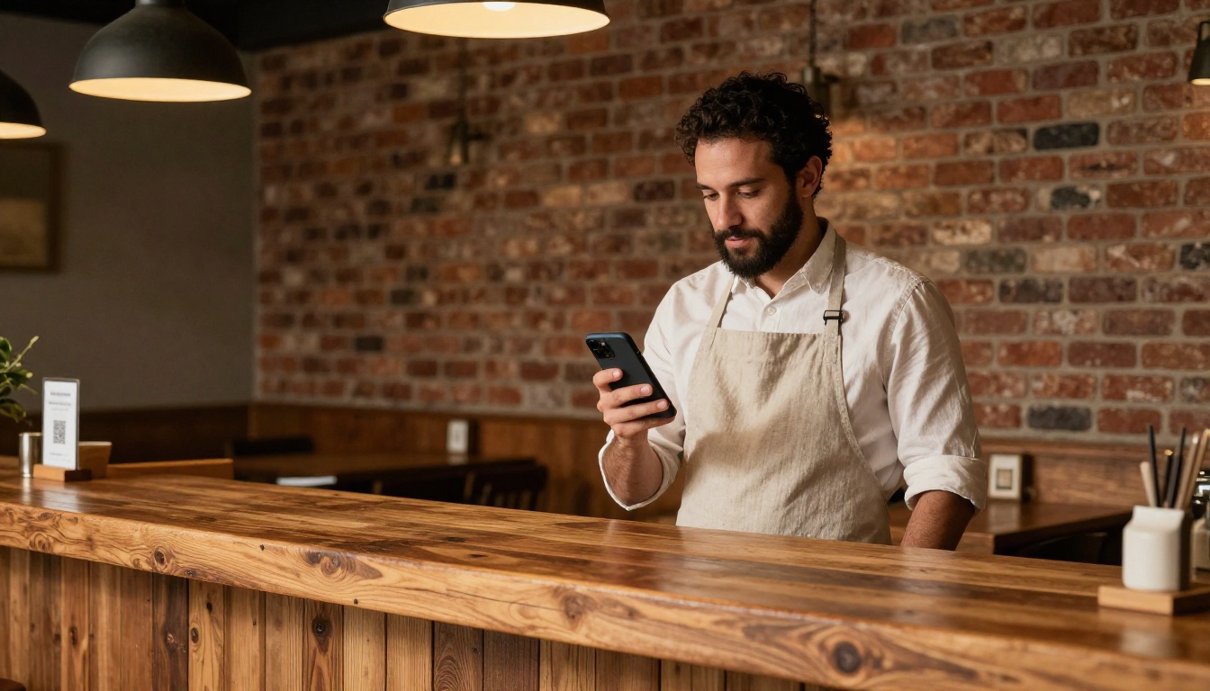 A restaurant owner with a smartphone beside a QR menu stand