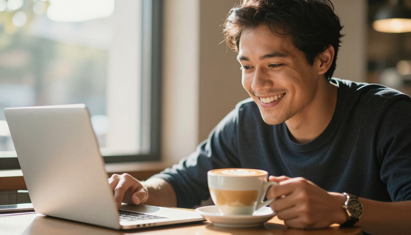 An entrepreneur closing her laptop at a cafe with a satisfied smile