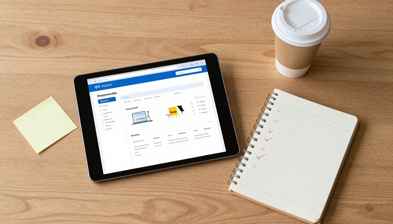 Aerial view of a desk with a tablet showing a catalog and a feature checklist