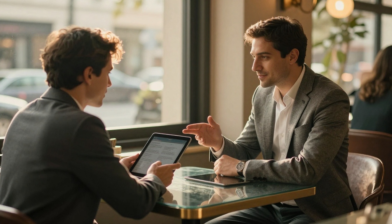 Salesman presenting a flipbook on a tablet to a client