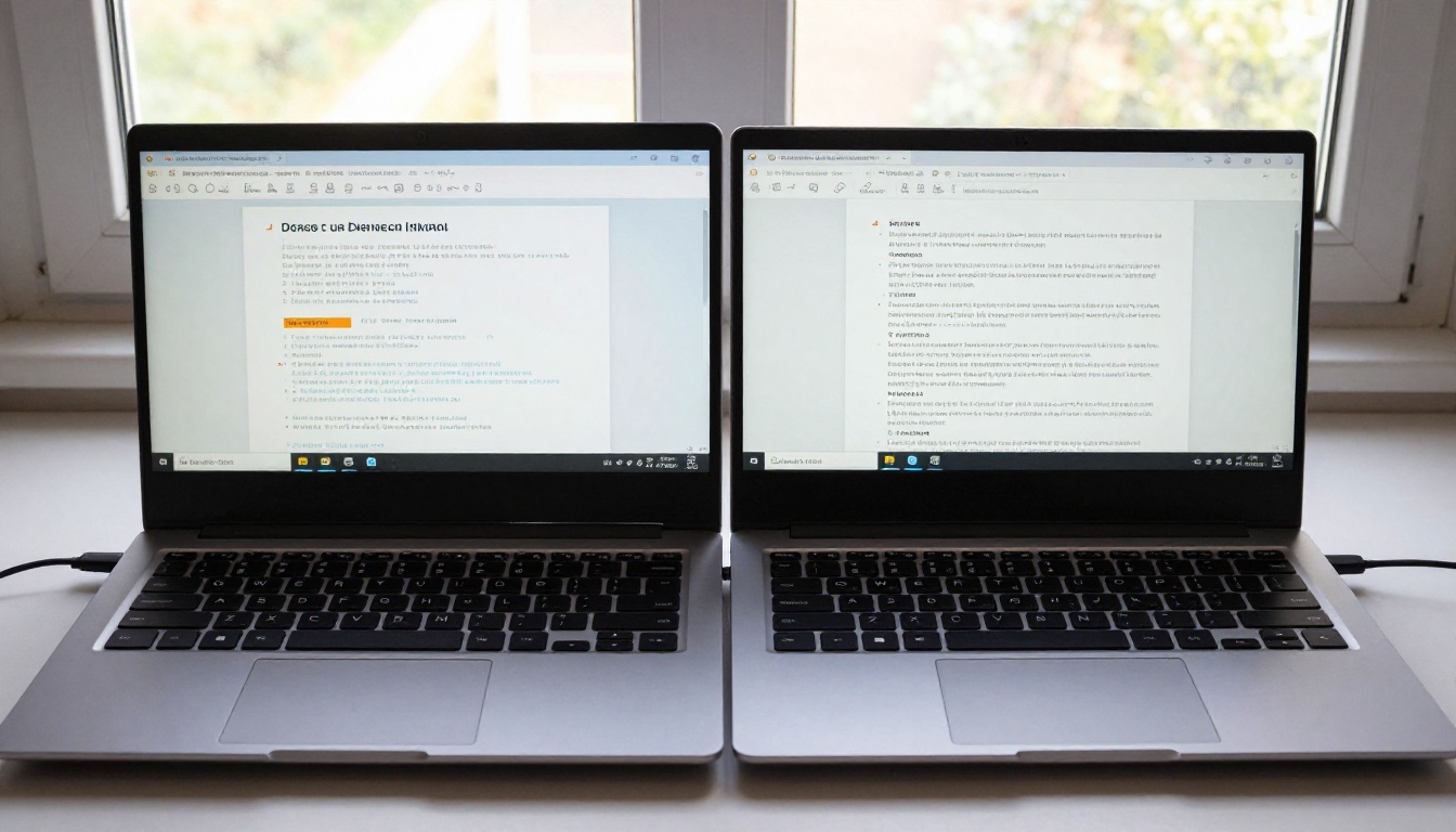 Two sales reps comparing flipbook tools on laptops