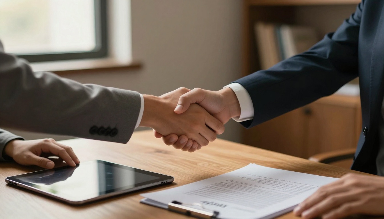 Handshake sealing a deal after a flipbook presentation