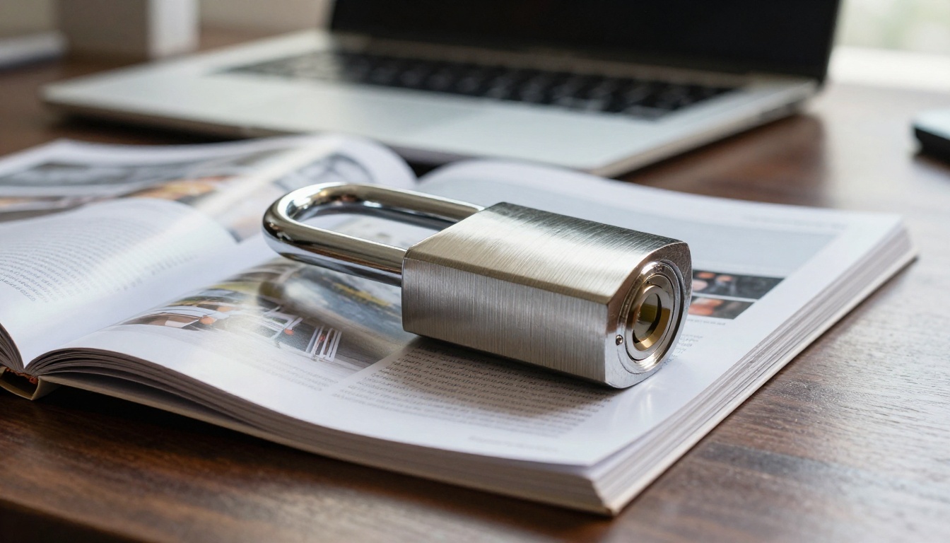 Brushed steel padlock resting on an open magazine on a walnut table
