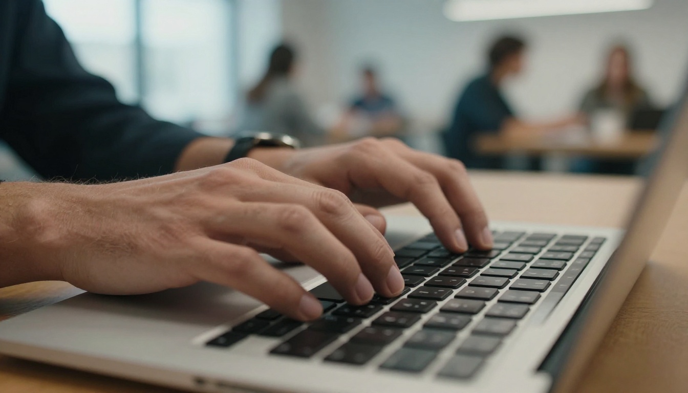 Man's hands typing a password on a laptop keyboard in a coworking space