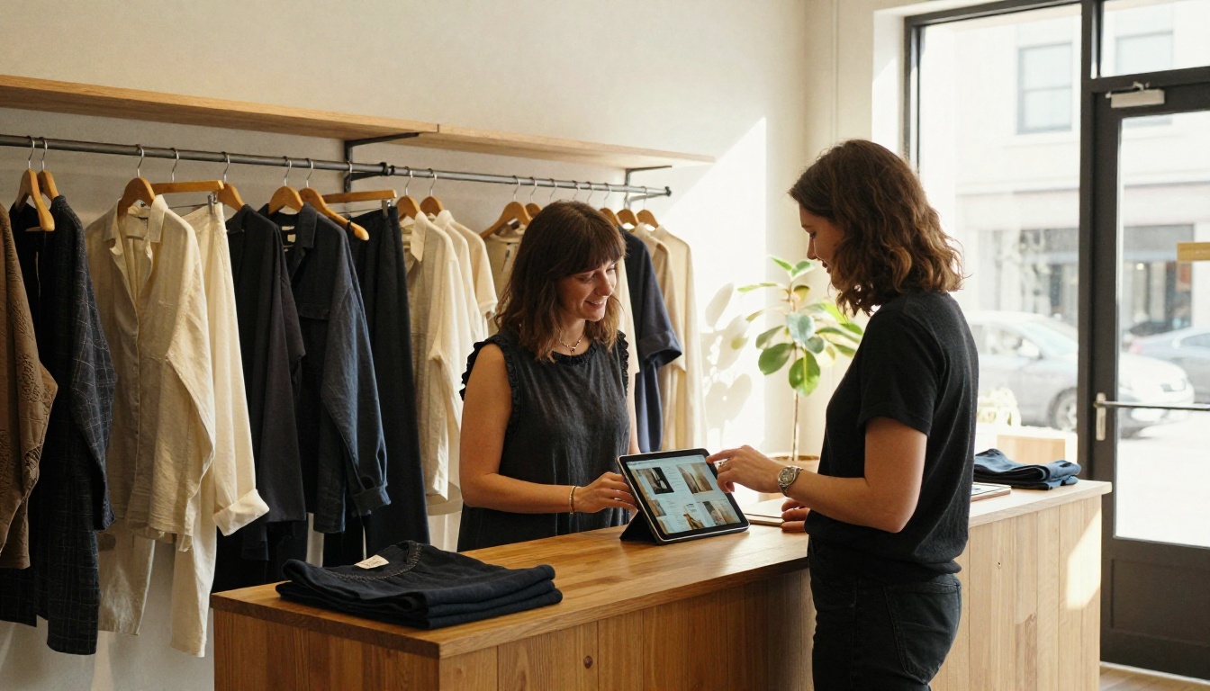 Boutique owner showing a digital lookbook on a tablet to a client across a wooden counter